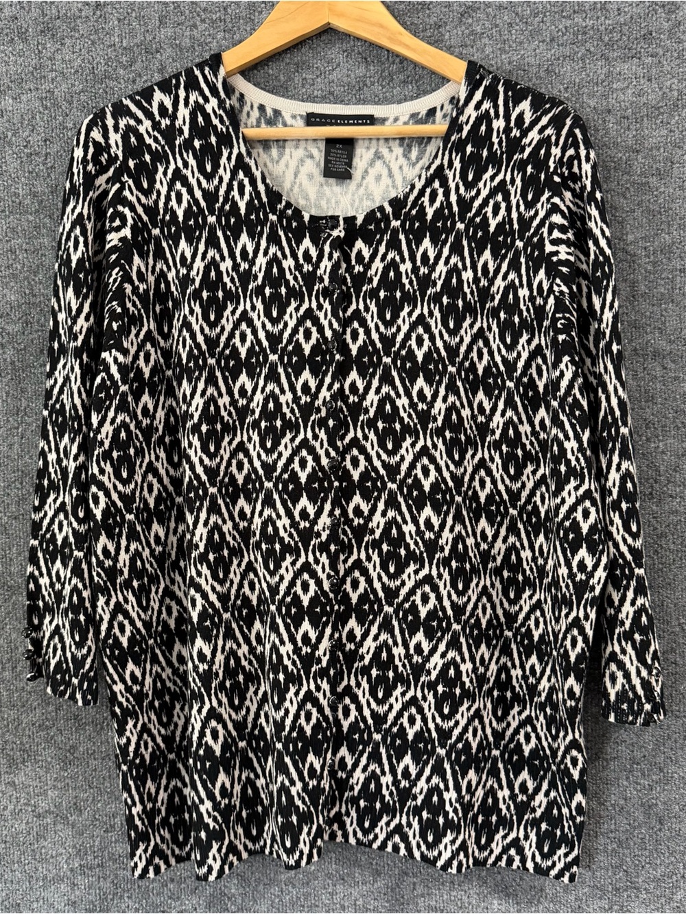 Grace Elements Womens 3/4 Sleeve Cardigan Sweater Size 2X Black Cream Office